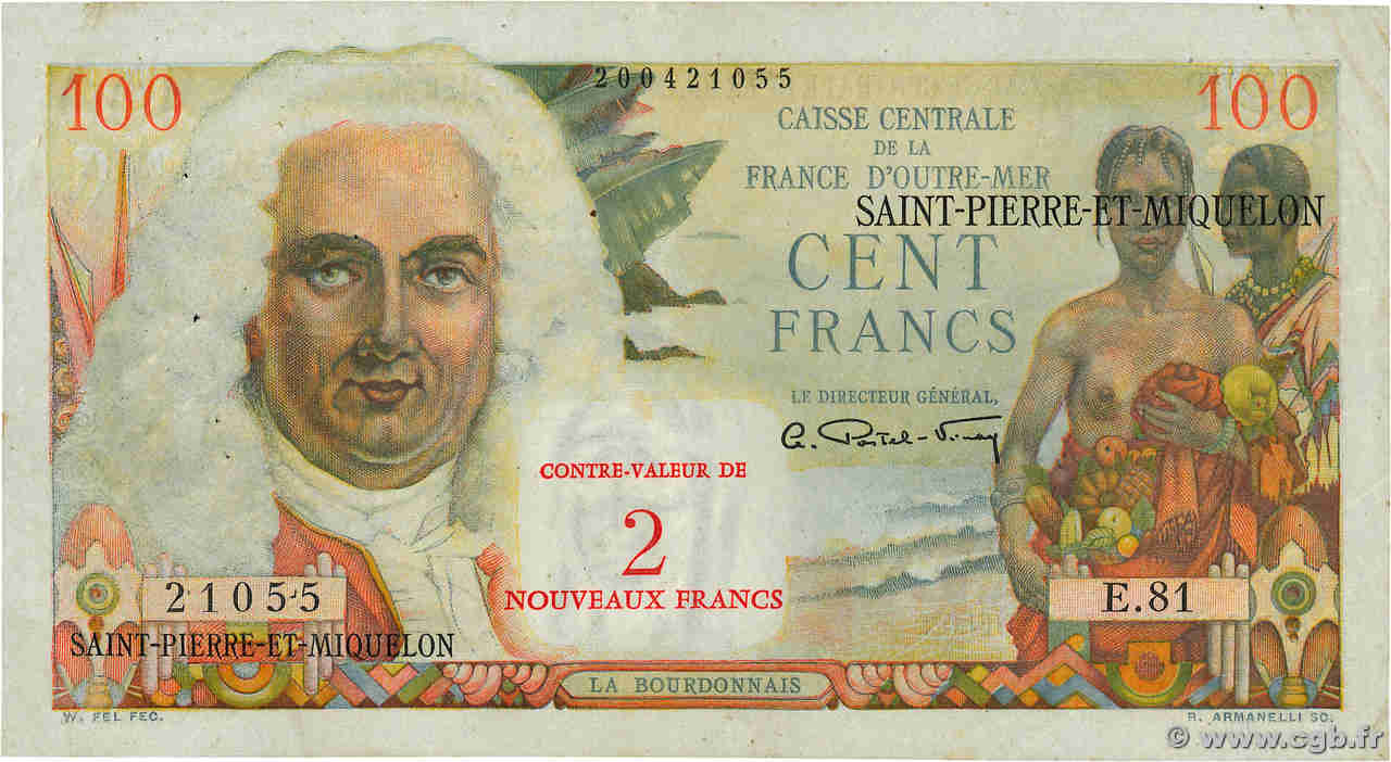 2 NF sur 100 Francs La Bourdonnais SAN PEDRO Y MIGUELóN  1960 P.32 MBC