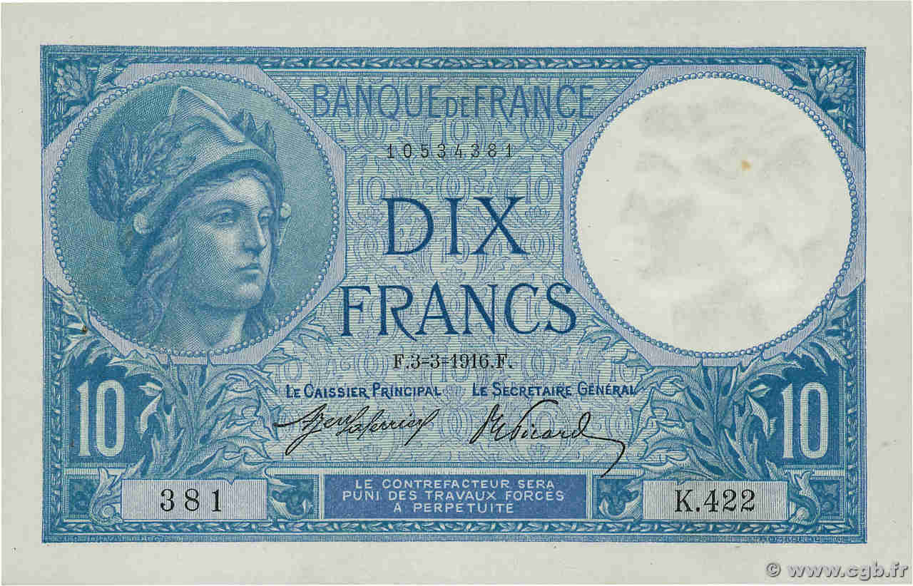 10 Francs MINERVE FRANCE  1916 F.06.01 SUP