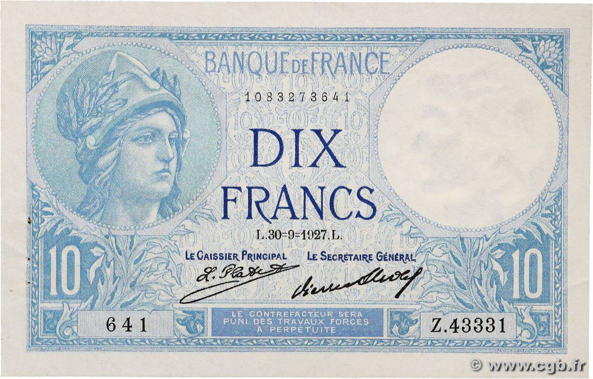 10 Francs MINERVE FRANCE  1927 F.06.12a XF