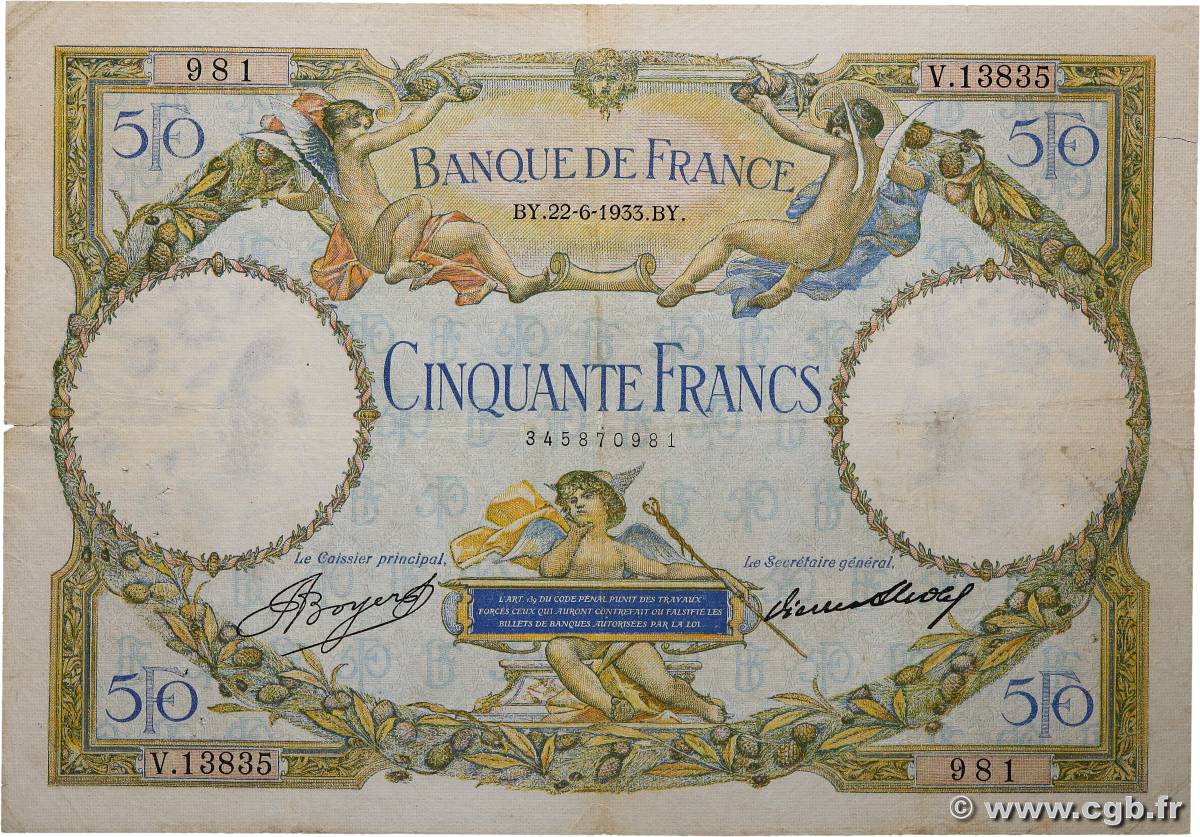 50 Francs LUC OLIVIER MERSON type modifié FRANCE  1933 F.16.04 TB