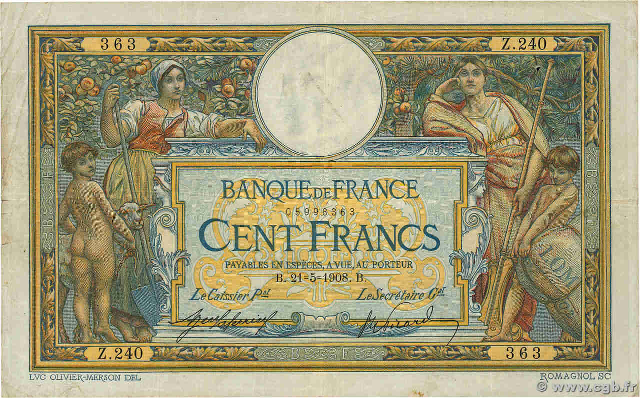 100 Francs LUC OLIVIER MERSON avec LOM FRANCE  1908 F.22.01 TB