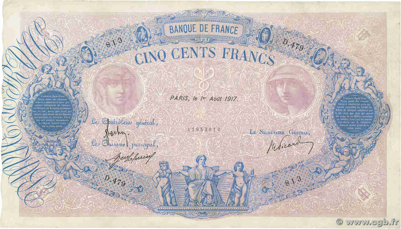 500 Francs BLEU ET ROSE FRANCE  1917 F.30.23 TB+