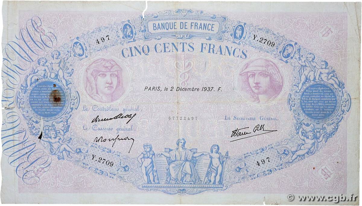 500 Francs BLEU ET ROSE modifié FRANCE  1937 F.31.04 B