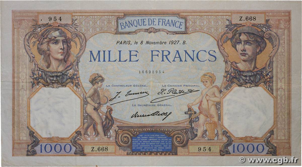 1000 Francs CÉRÈS ET MERCURE FRANCE  1927 F.37.01 pr.TTB