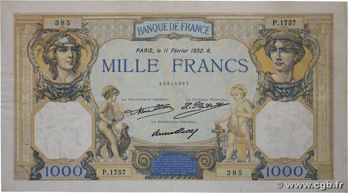 1000 Francs CÉRÈS ET MERCURE FRANCE  1932 F.37.07 TB