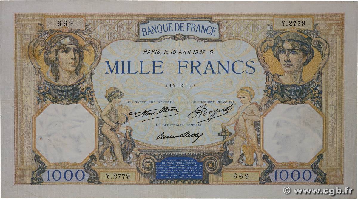 1000 Francs CÉRÈS ET MERCURE FRANCE  1937 F.37.10 TB+