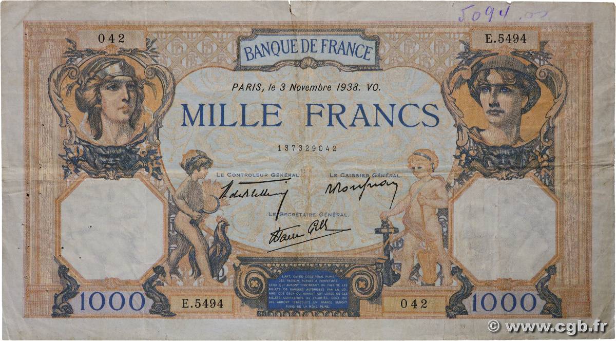 1000 Francs CÉRÈS ET MERCURE type modifié FRANCE  1938 F.38.32 TB