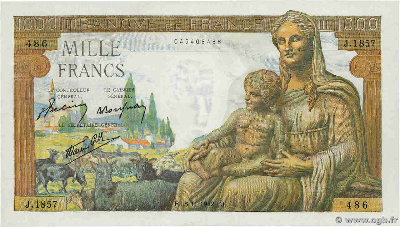 1000 Francs DÉESSE DÉMÉTER FRANCIA  1942 F.40.10 q.FDC