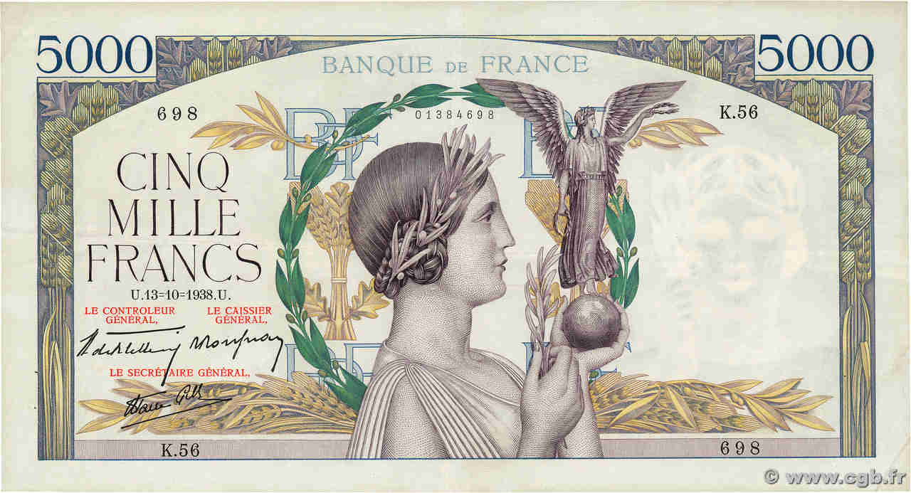 5000 Francs VICTOIRE modifié, taille douce FRANCIA  1938 F.45.01 MBC