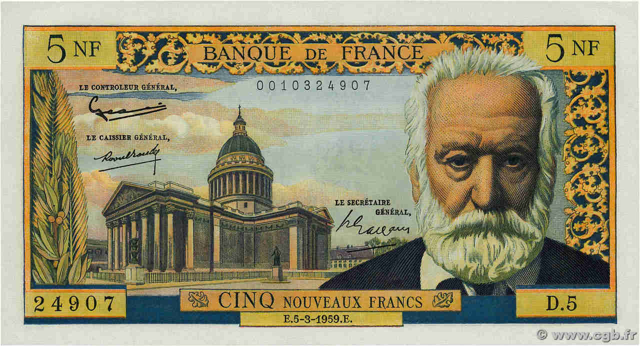 5 Nouveaux Francs VICTOR HUGO FRANCE  1959 F.56.01 SPL