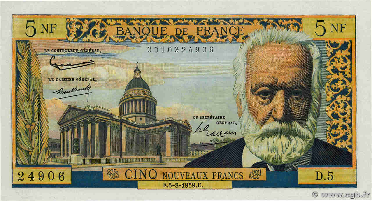 5 Nouveaux Francs VICTOR HUGO FRANCE  1959 F.56.01 AU-