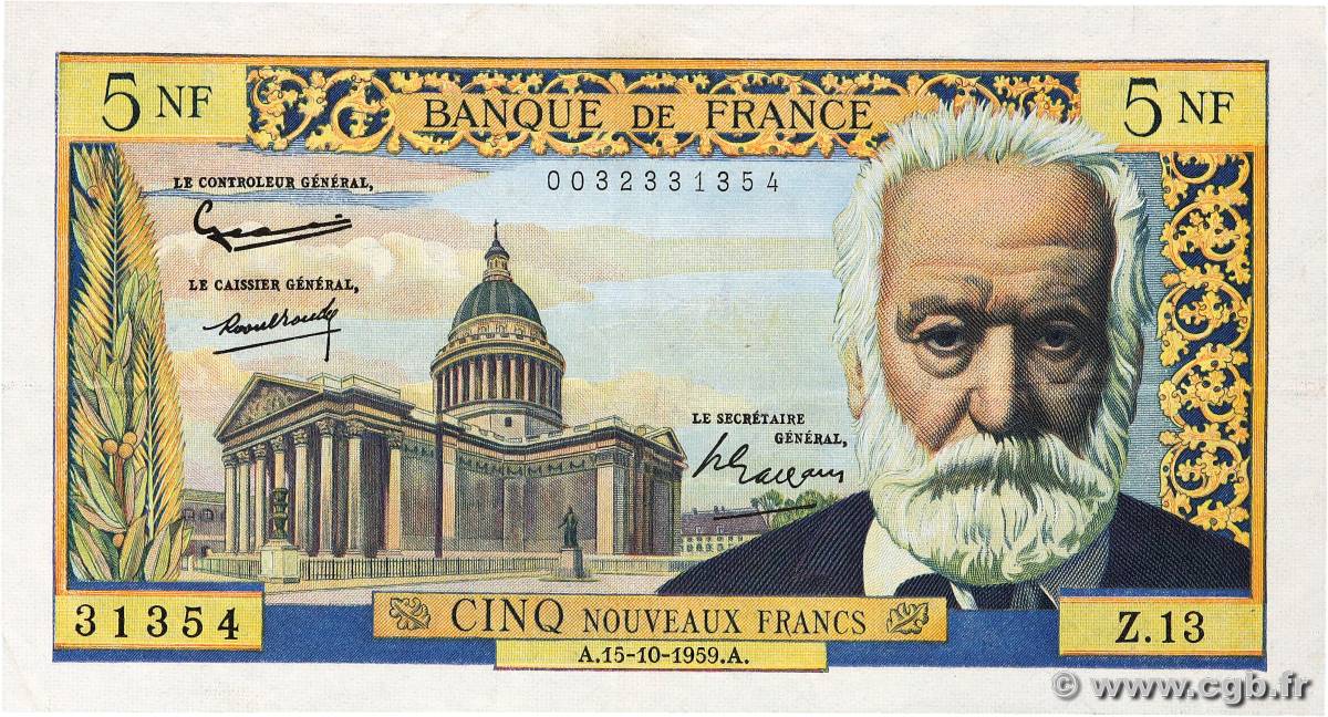 5 Nouveaux Francs VICTOR HUGO FRANCE  1959 F.56.03 TTB