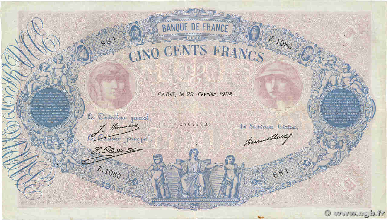 500 Francs BLEU ET ROSE FRANCE  1928 F.30.31 F+