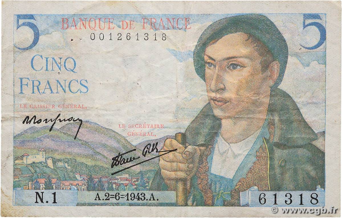 5 Francs BERGER FRANCE  1943 F.05.01 TB+