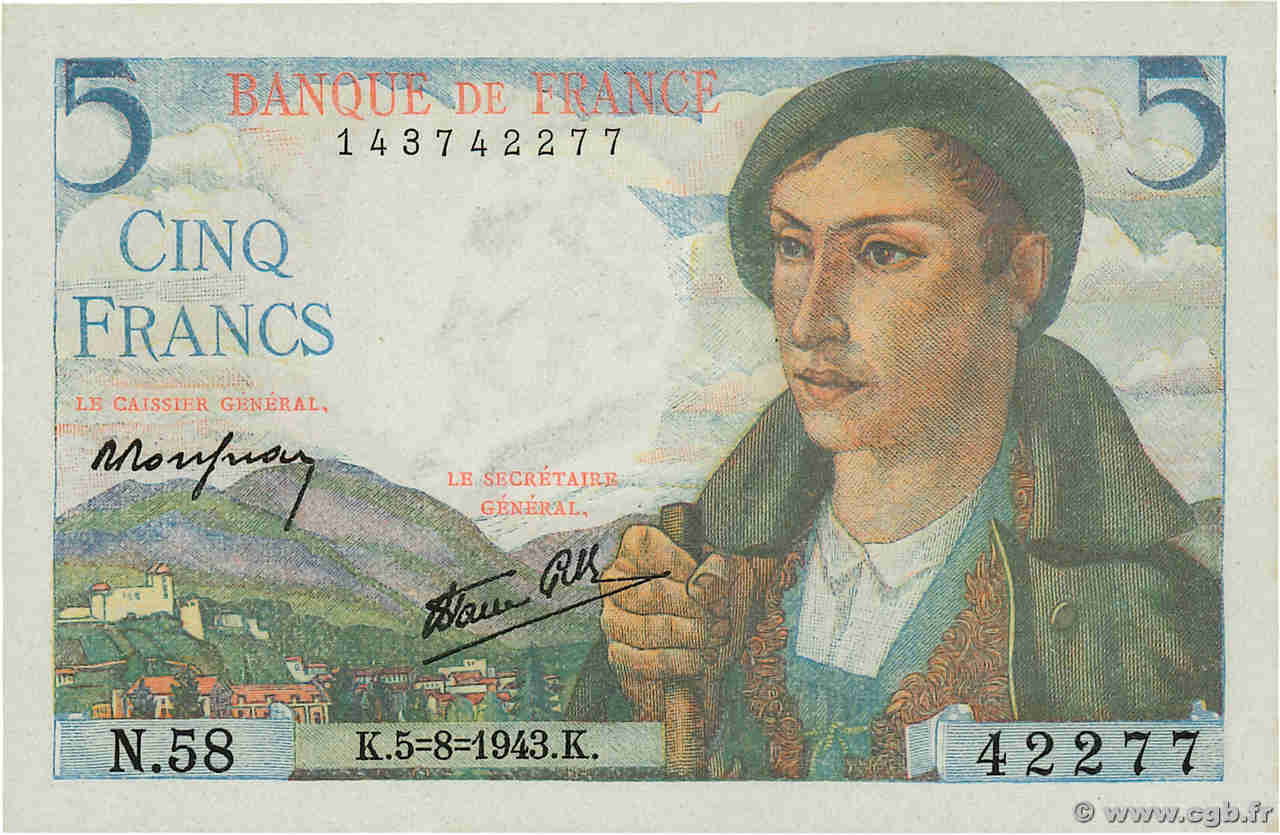 5 Francs BERGER FRANCE  1943 F.05.03 NEUF