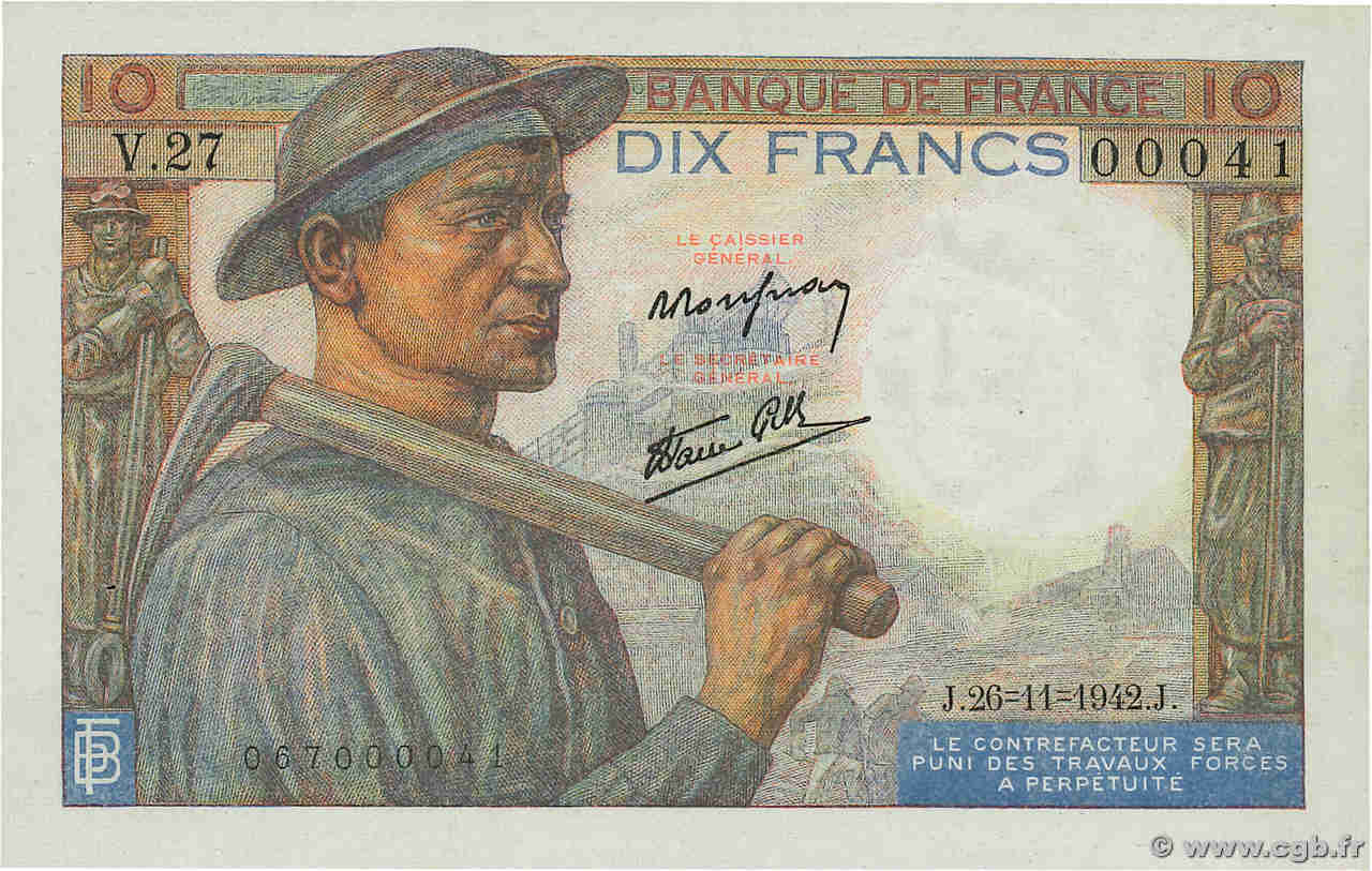 10 Francs MINEUR Numéro spécial FRANCE  1942 F.08.06 XF+