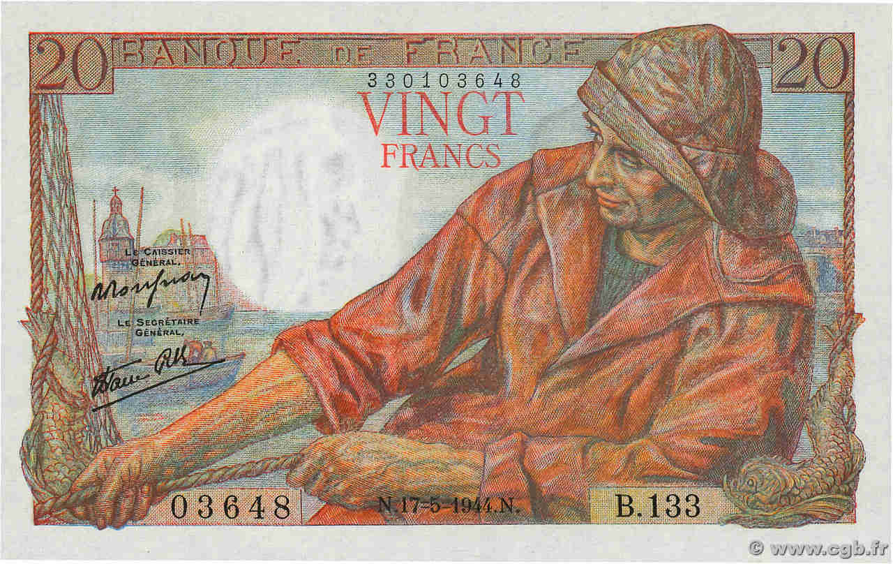 20 Francs PÊCHEUR FRANCE  1944 F.13.09 NEUF