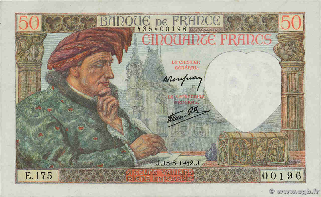 50 Francs JACQUES CŒUR Numéro spécial FRANCE  1942 F.19.20 SUP+