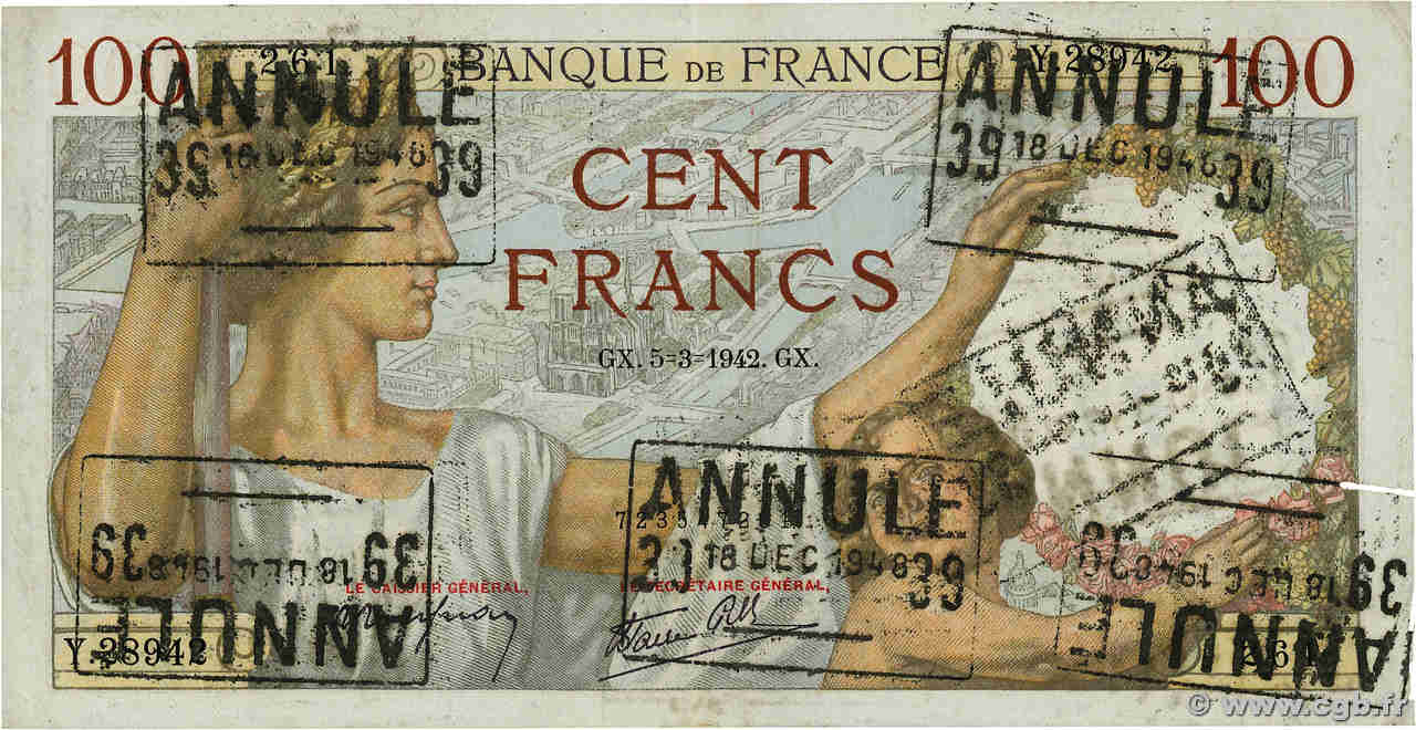 100 Francs SULLY Annulé FRANCE  1942 F.26.67 TTB+