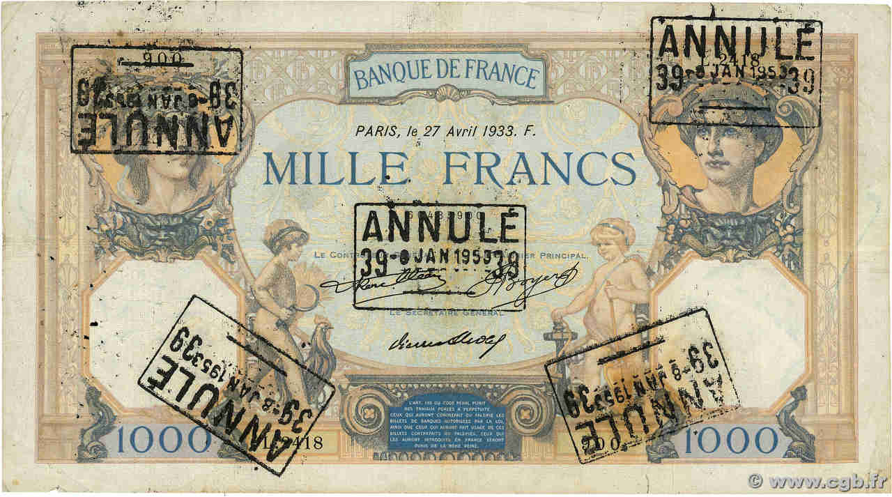 1000 Francs CÉRÈS ET MERCURE Annulé FRANCE  1933 F.37.08 TB