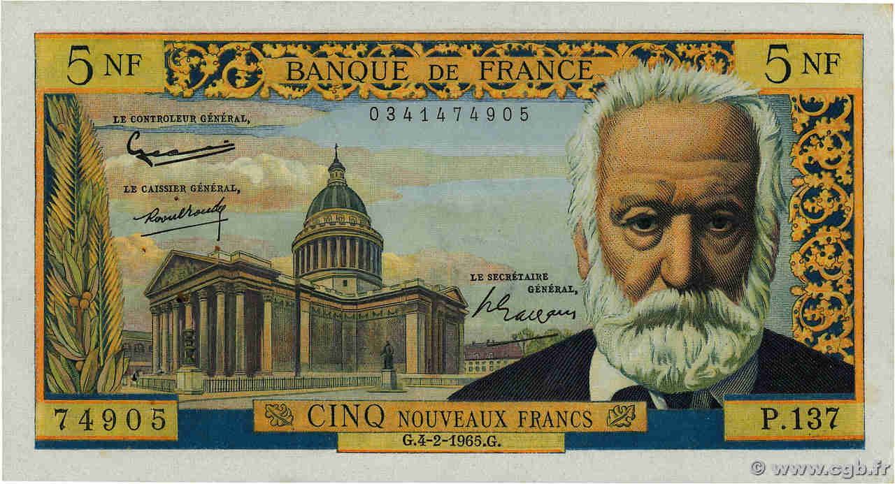 5 Nouveaux Francs VICTOR HUGO FRANCE  1965 F.56.17 pr.SUP