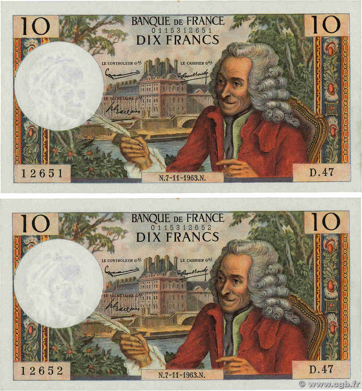 10 Francs VOLTAIRE Consécutifs FRANCIA  1963 F.62.05 SPL+