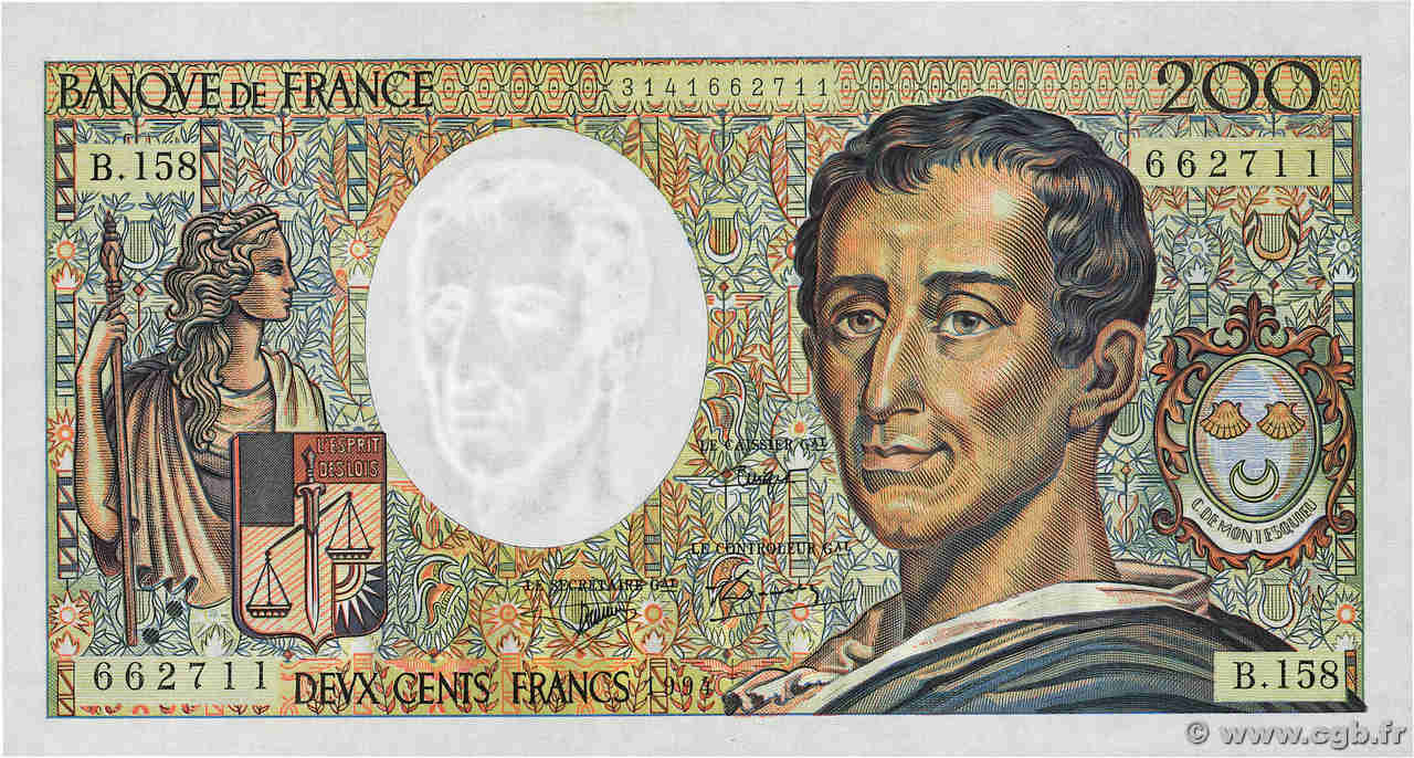 200 Francs MONTESQUIEU Modifié FRANCIA  1994 F.70/2.01 SC