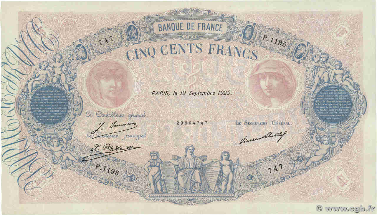 500 Francs BLEU ET ROSE FRANCE  1929 F.30.32 TTB+