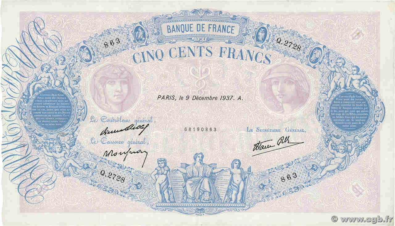 500 Francs BLEU ET ROSE modifié FRANCE  1937 F.31.05 VF+