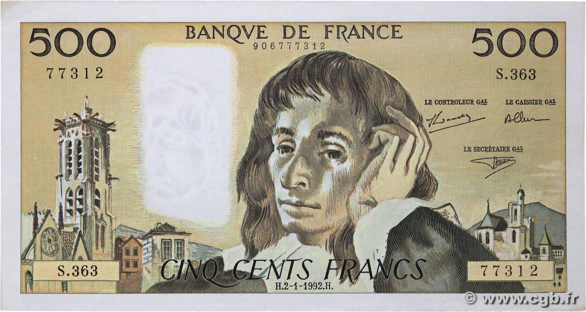 500 Francs PASCAL FRANKREICH  1992 F.71.49 VZ+