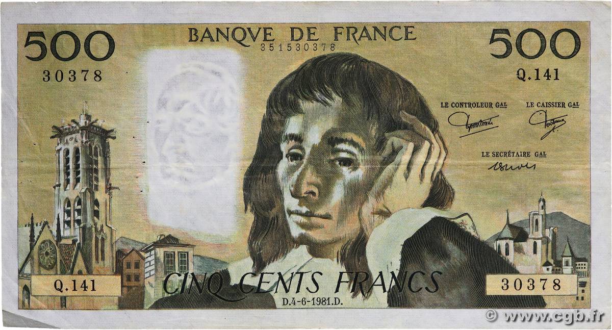 500 Francs PASCAL FRANKREICH  1981 F.71.24 S