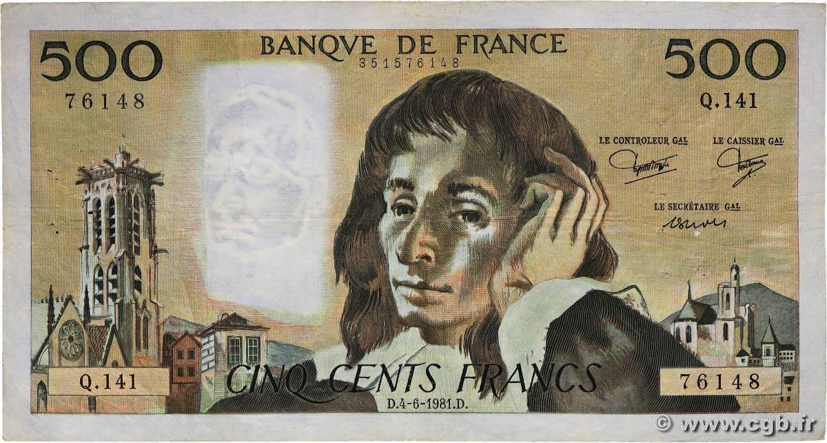 500 Francs PASCAL FRANKREICH  1981 F.71.24 S