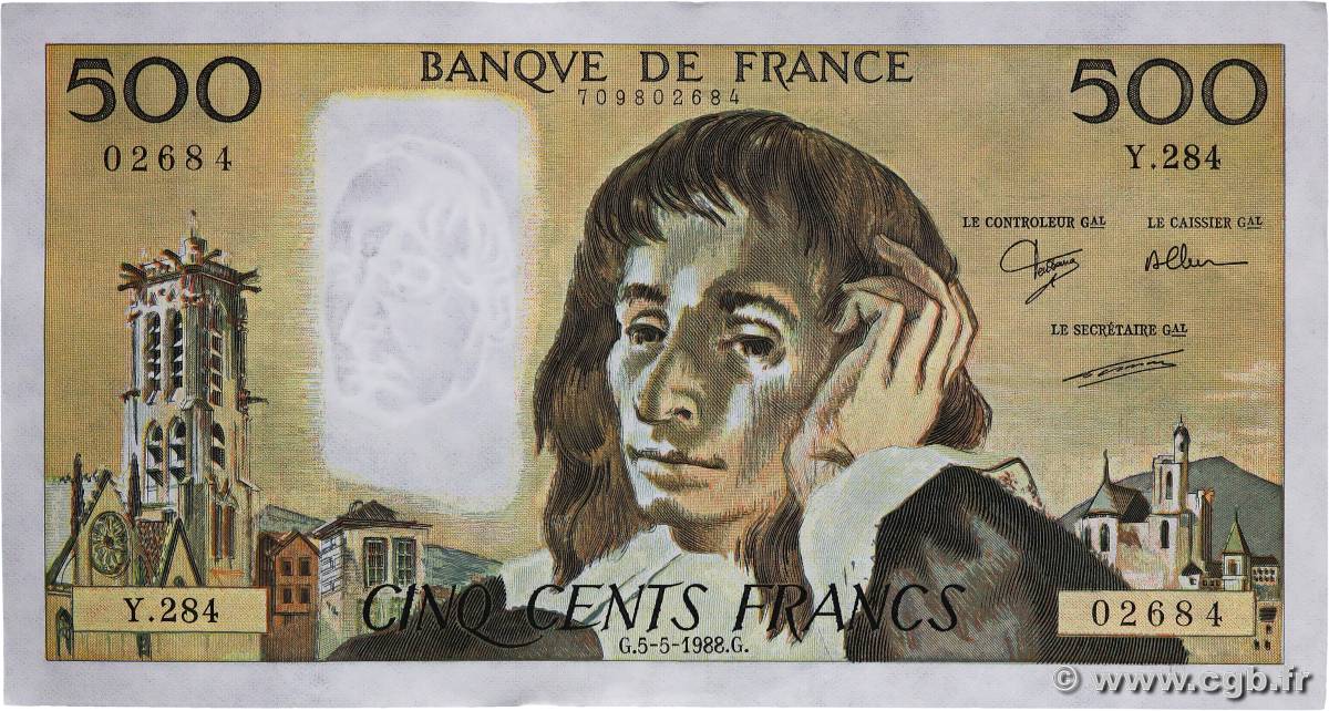 500 Francs PASCAL FRANCE  1988 F.71.39 SUP+