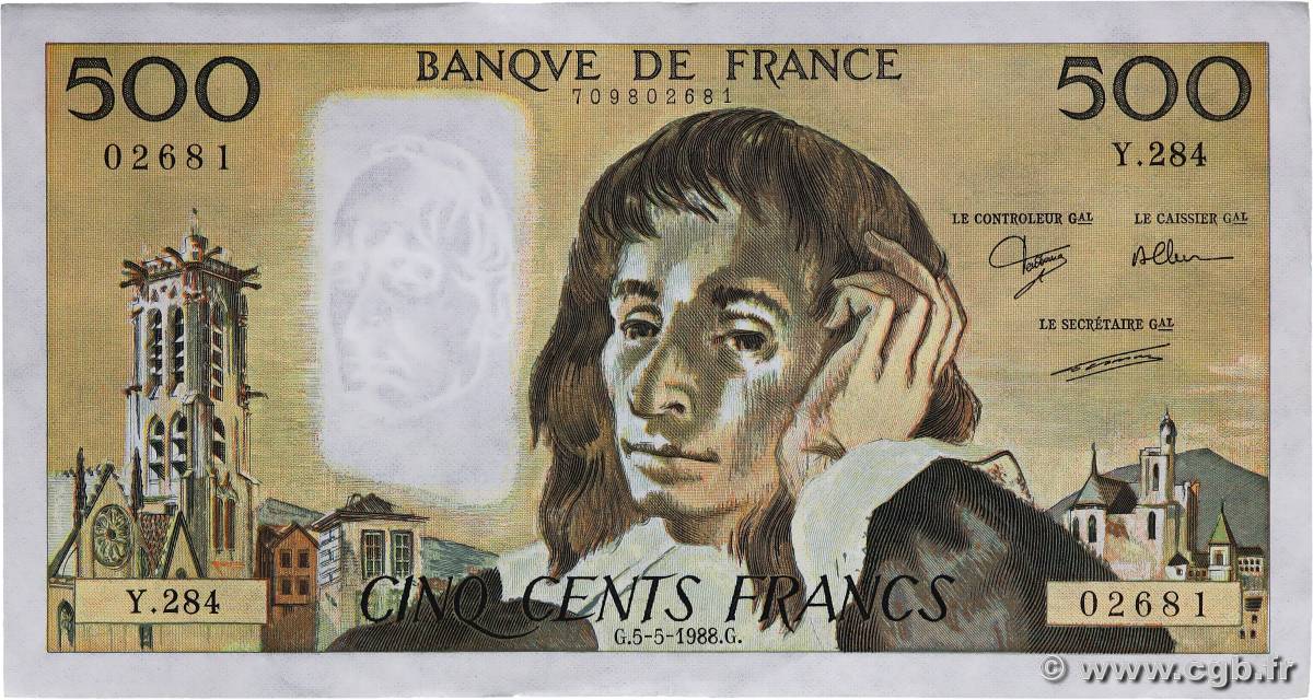 500 Francs PASCAL FRANCE  1988 F.71.39 XF+