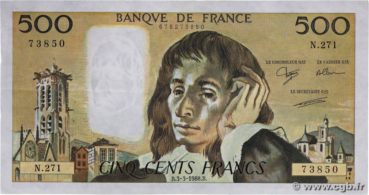 500 Francs PASCAL FRANCE  1988 F.71.38 TTB+