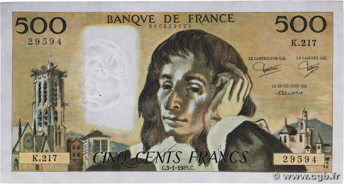 500 Francs PASCAL FRANKREICH  1985 F.71.32 fVZ