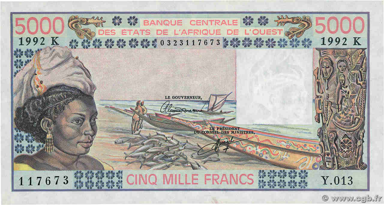 5000 Francs ÉTATS DE L AFRIQUE DE L OUEST  1992 P.708Kq TTB