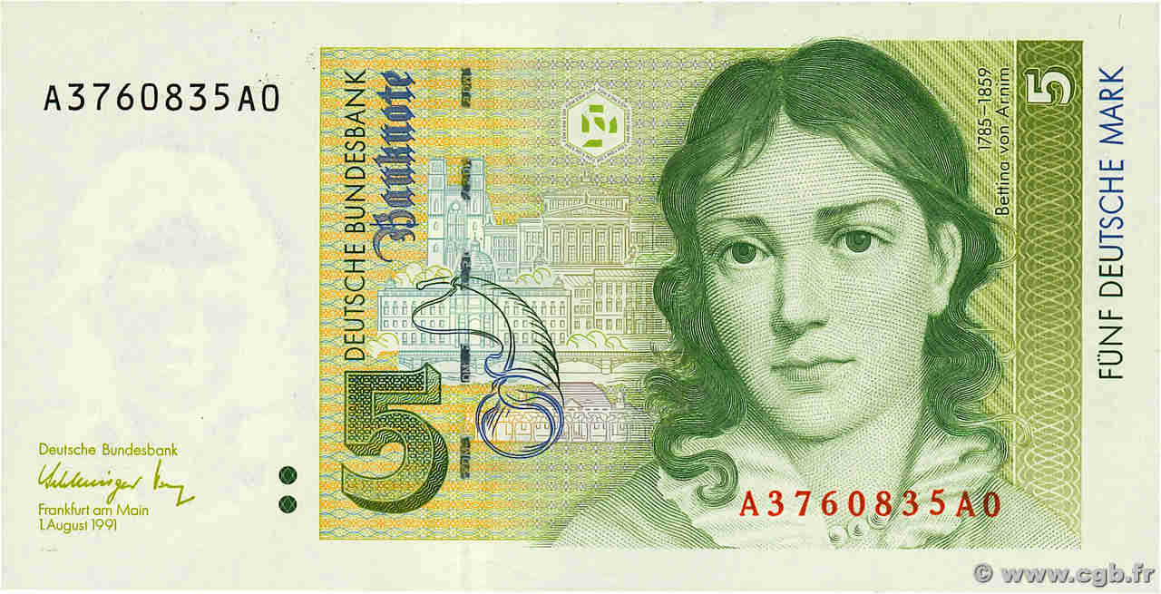 5 Deutsche Mark GERMAN FEDERAL REPUBLIC  1991 P.37 SC+