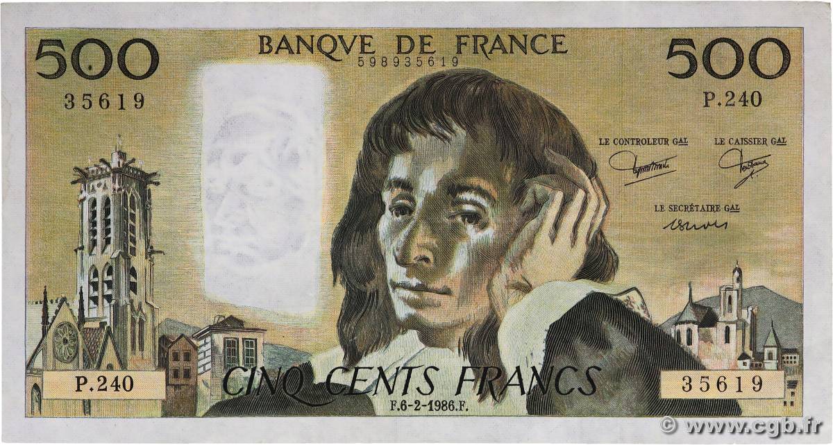 500 Francs PASCAL FRANCE  1986 F.71.34 VF