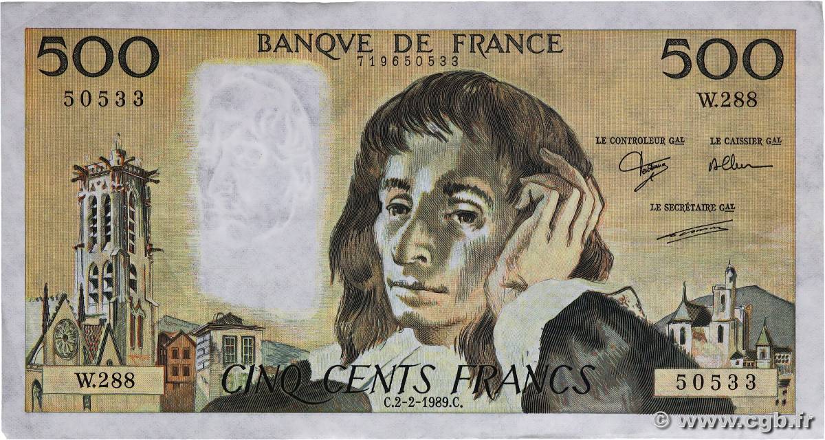 500 Francs PASCAL FRANCE  1989 F.71.40 TTB