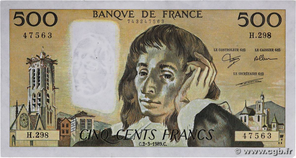 500 Francs PASCAL FRANCE  1989 F.71.41 VF