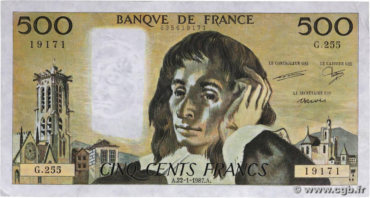 500 Francs PASCAL FRANKREICH  1987 F.71.36 SS