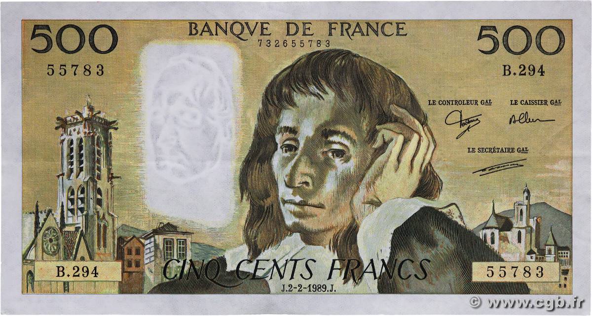 500 Francs PASCAL FRANCE  1989 F.71.40 VF