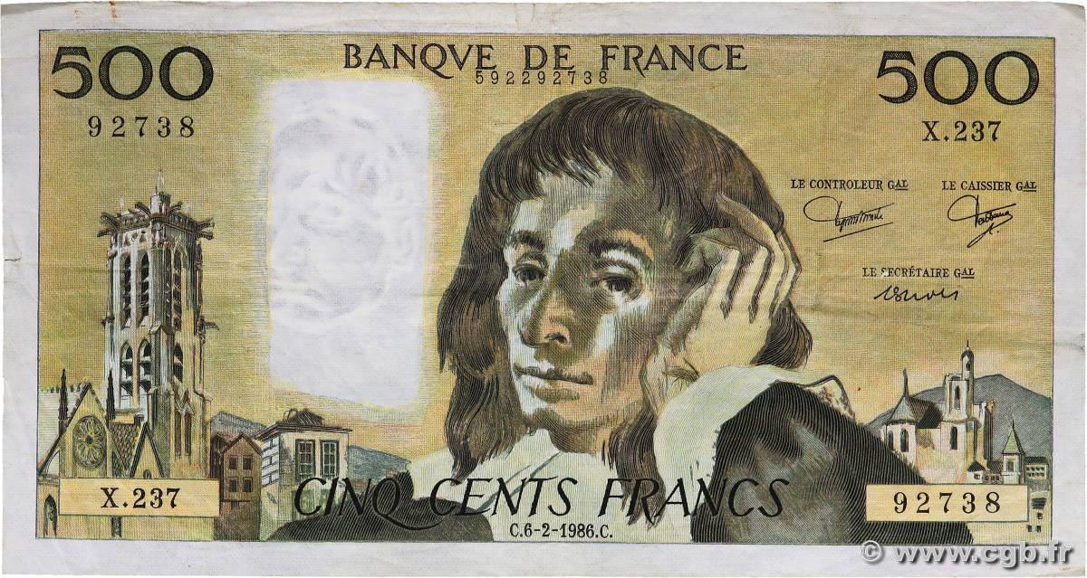 500 Francs PASCAL FRANCE  1986 F.71.34 F+