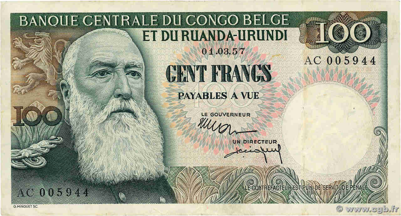 100 Francs BELGIAN CONGO  1957 P.33 VF