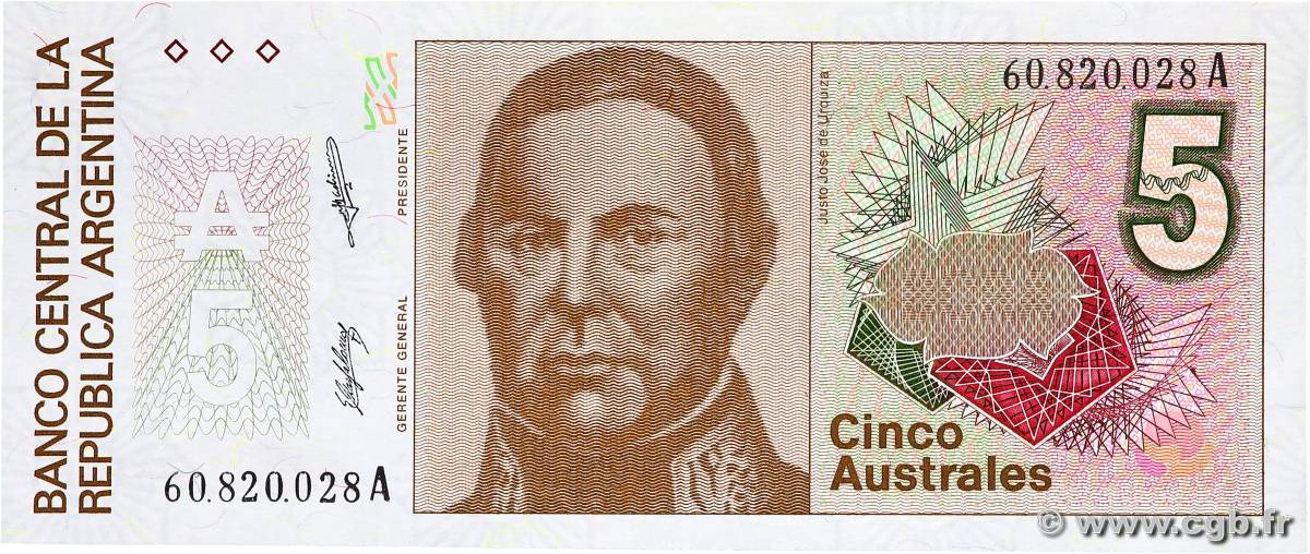 5 Australes ARGENTINA  1986 P.324b SC+