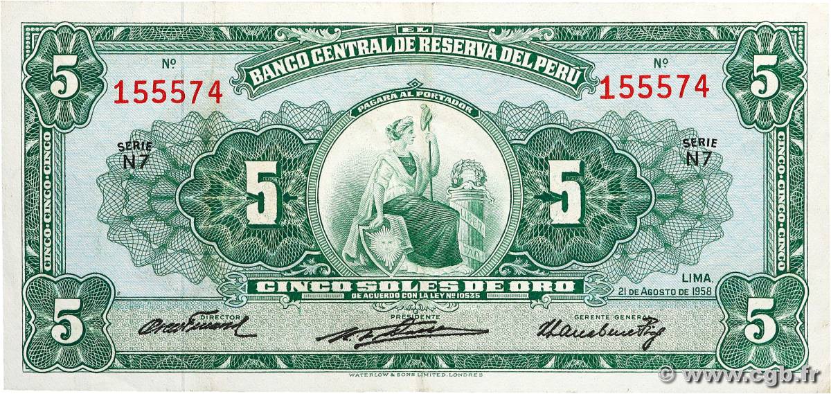 5 Soles PERU  1958 P.081 VF+