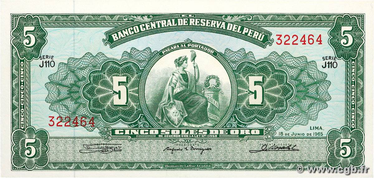 5 Soles de Oro PERU  1965 P.083a FDC