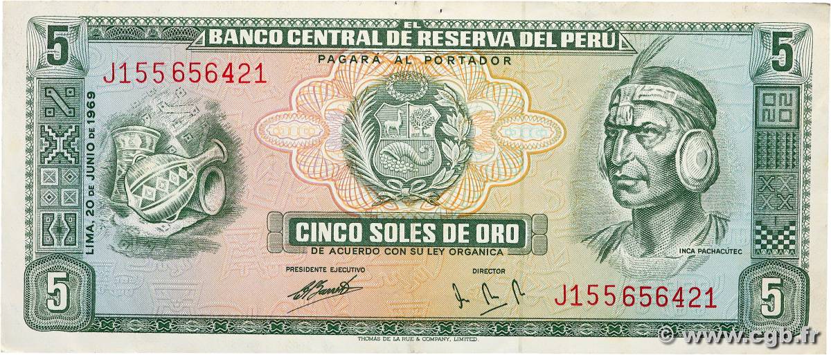 5 Soles de Oro PERU  1969 P.099a VF+