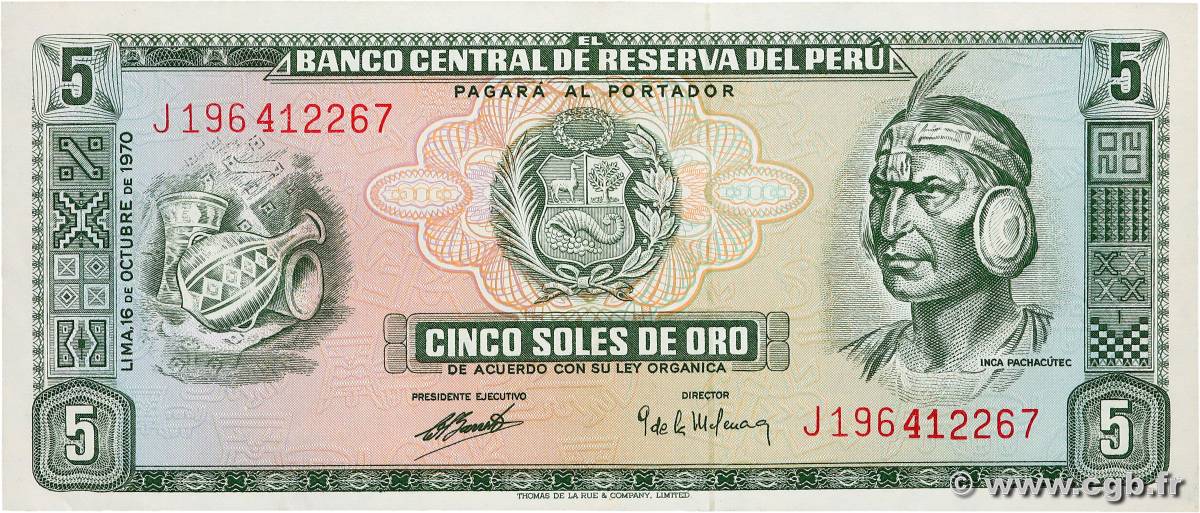 5 Soles de Oro PERU  1970 P.099b AU